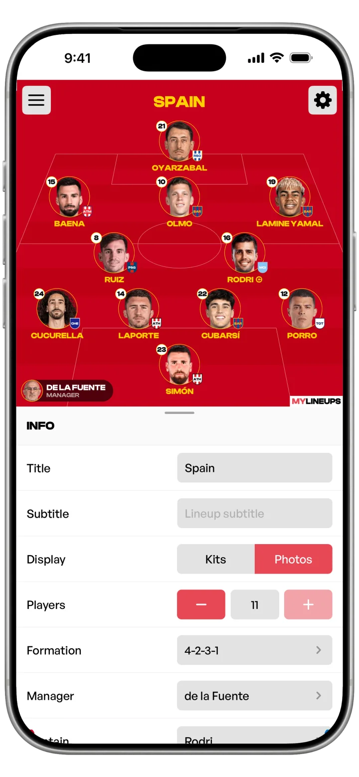 MyLineups app: Spain XI, with the Team Info bottom sheet below