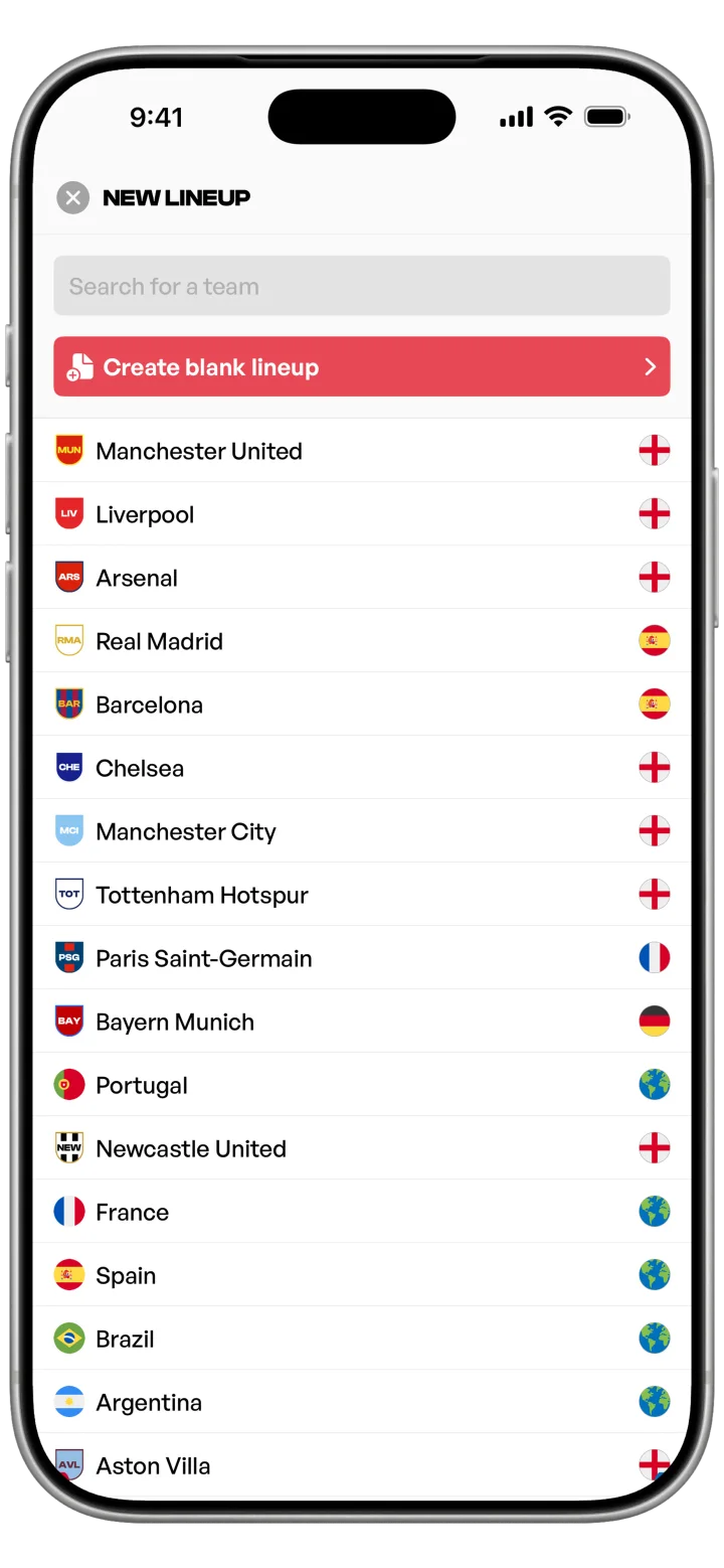 MyLineups app: choosing a team from the full team list