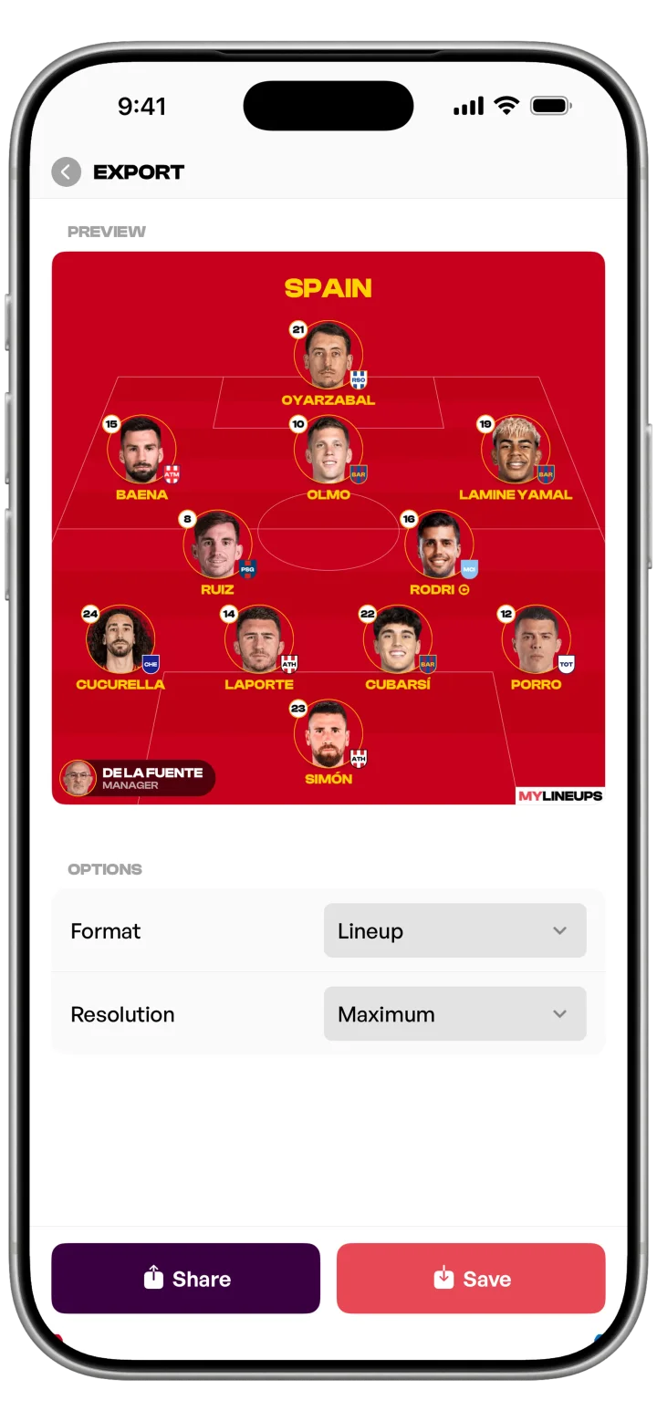 MyLineups app: the export screen